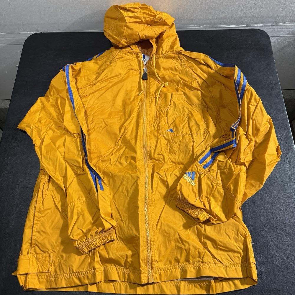 VTG 1980s Gold Adidas Long Windbreaker Jacket Blue Stripes Trefoil Size M